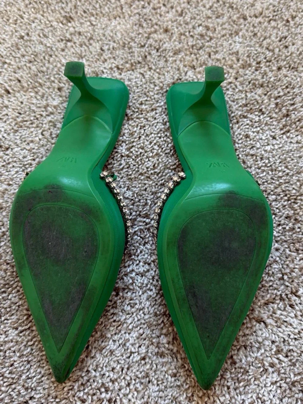Zara Emerald Green Pointed Toe Crystal-Trim Mules - Picture 2 of 2